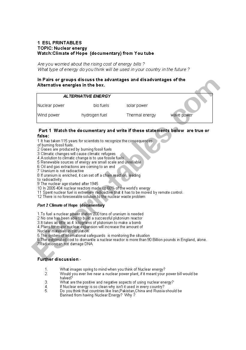 Documentary worksheet: Climate of hope