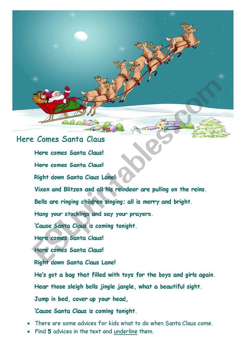 Here Comes Santa Claus worksheet