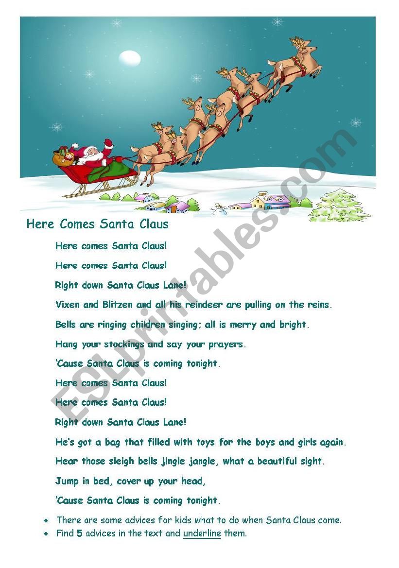 Here Comes Santa Claus worksheet