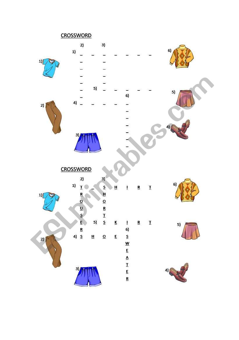 Clothes crossword worksheet