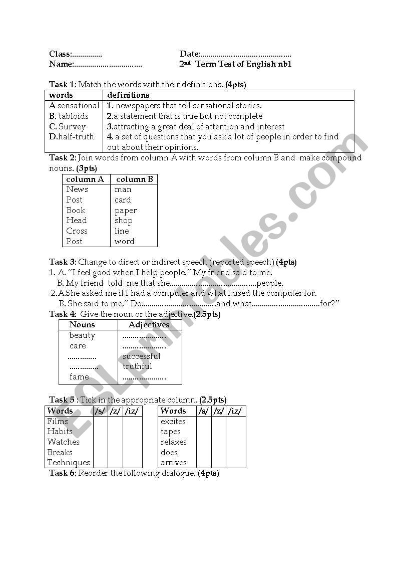 first  year Test (high school)