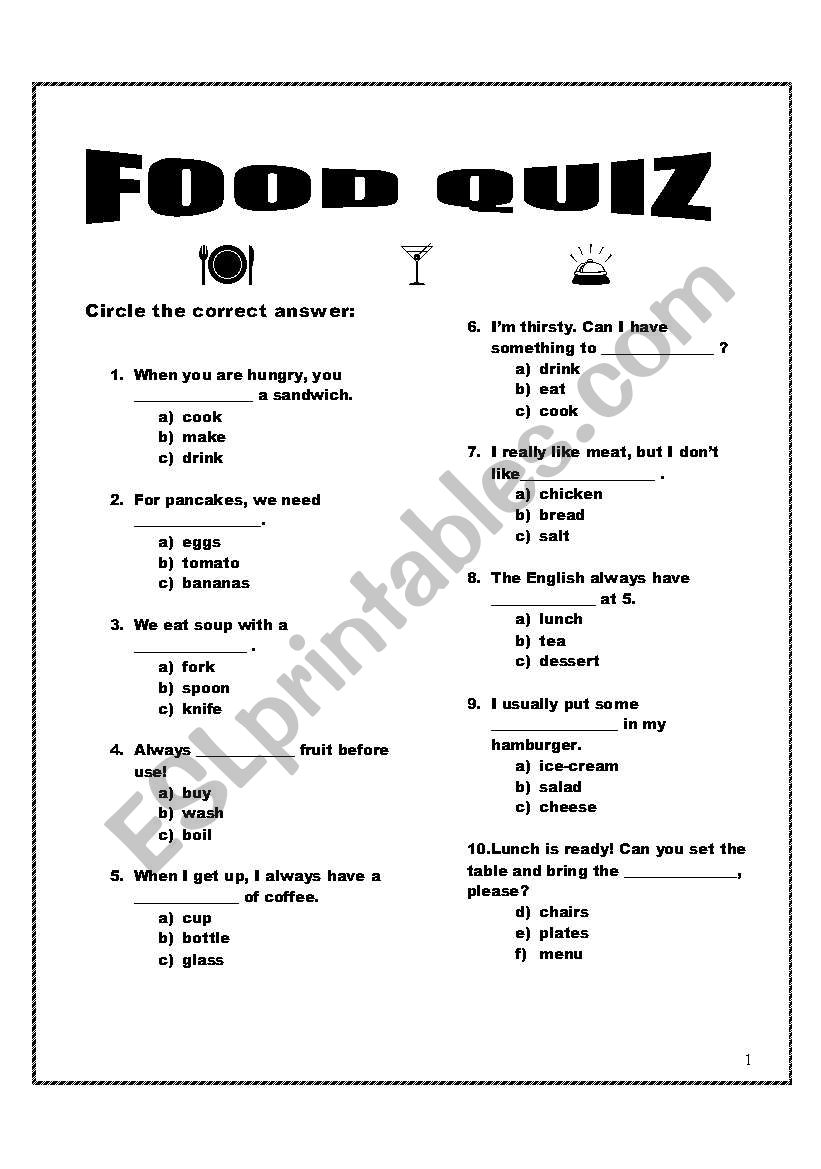 Food quiz worksheet