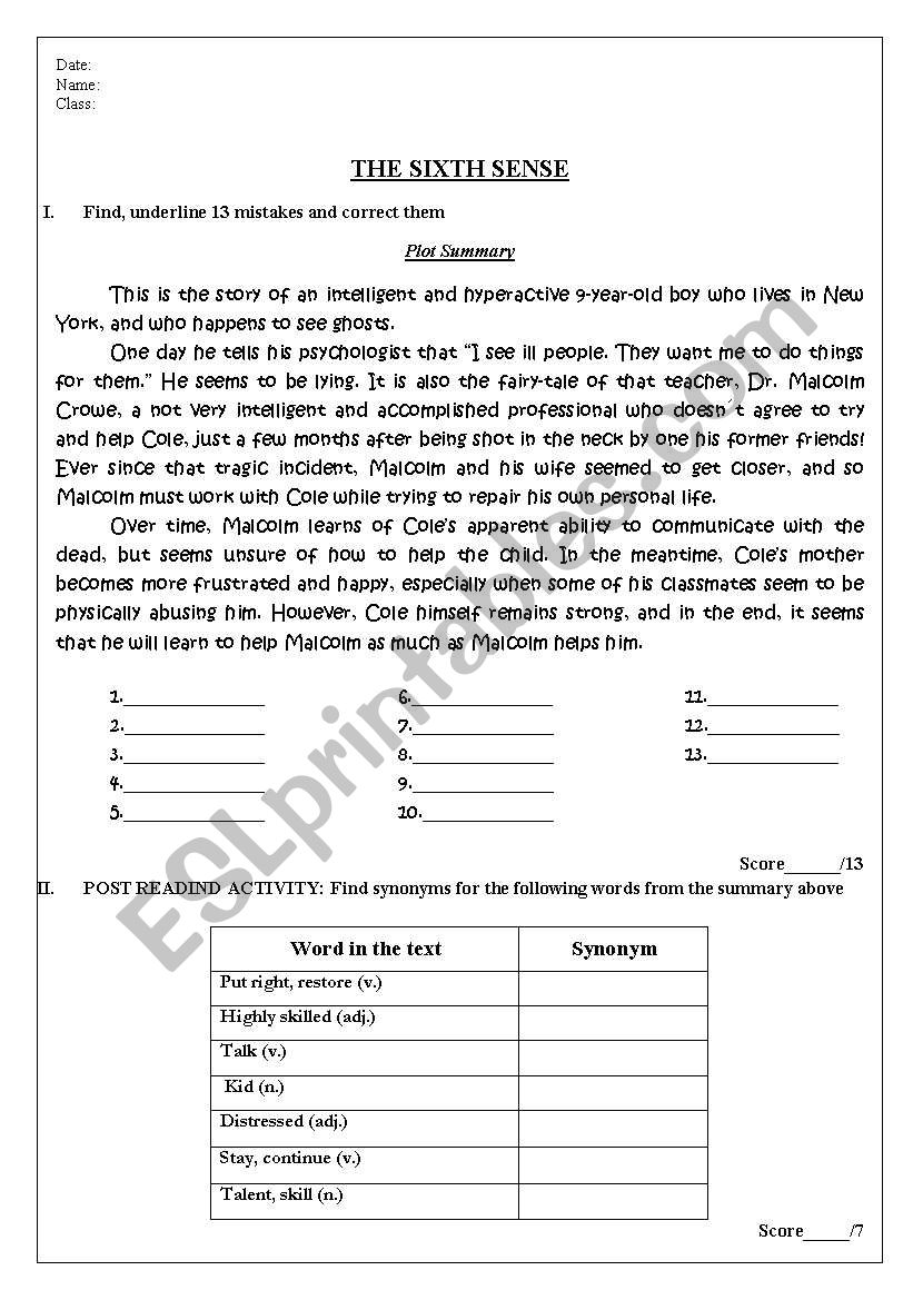 The Sixth Sense  worksheet