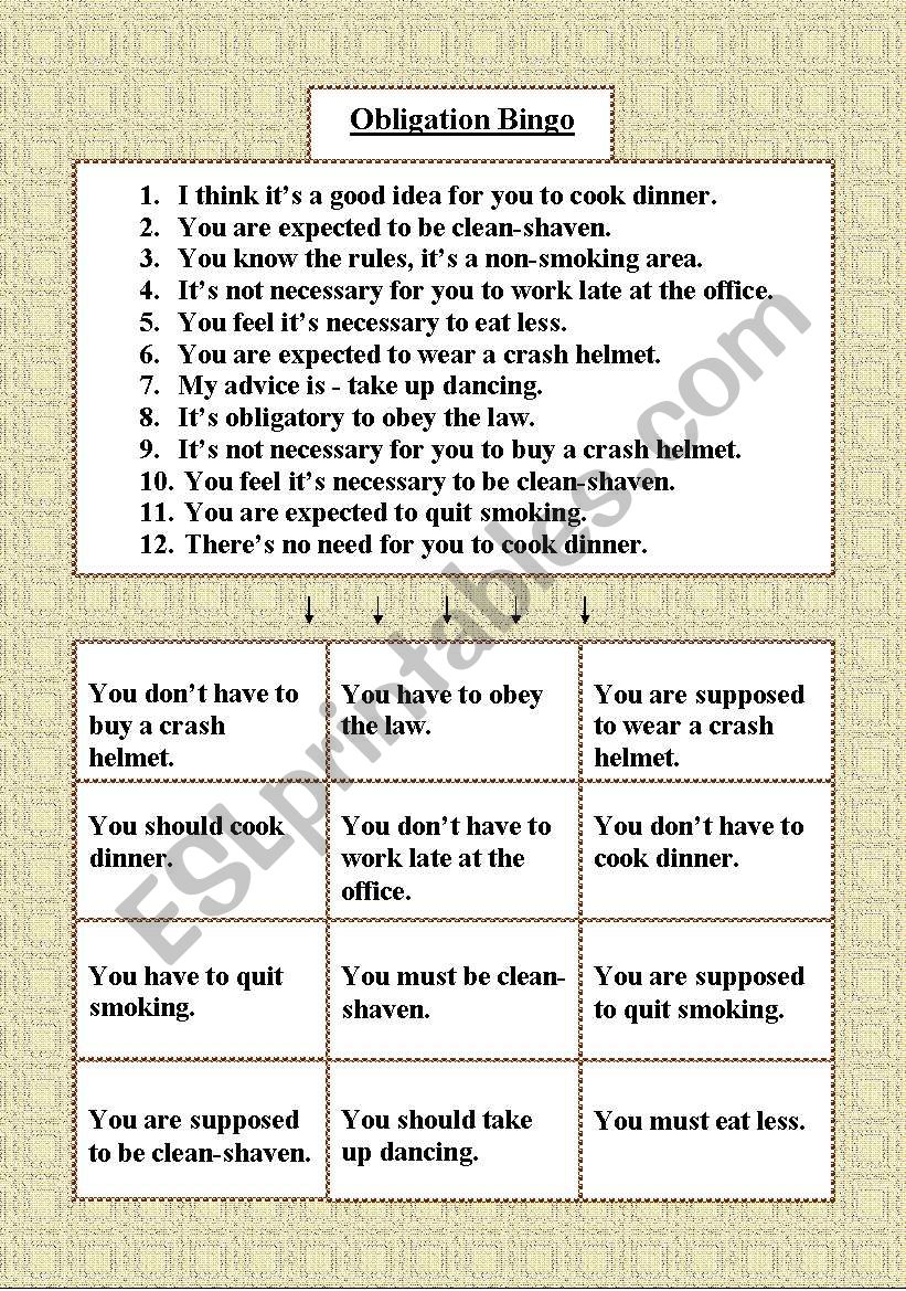 Obligation Bingo worksheet