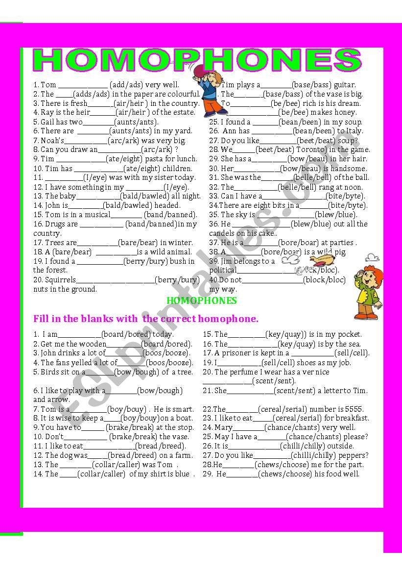 HOMOPHONES worksheet