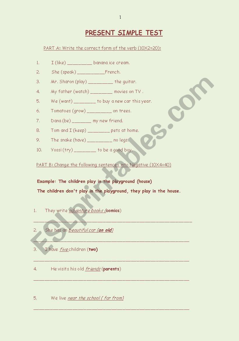 Present Simple Test worksheet