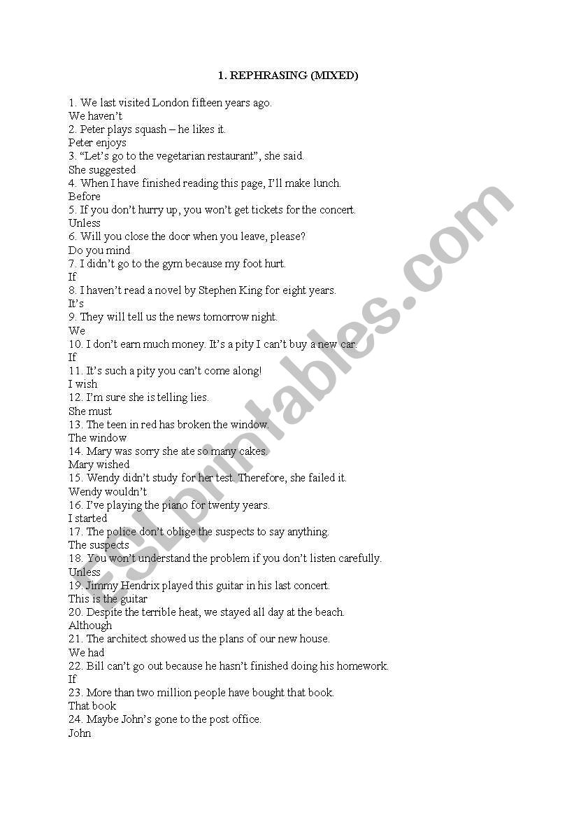 Rephrasing Mixed Tenses worksheet