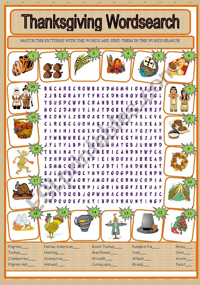 THANKSGIVING DAY WORDSEARCH worksheet