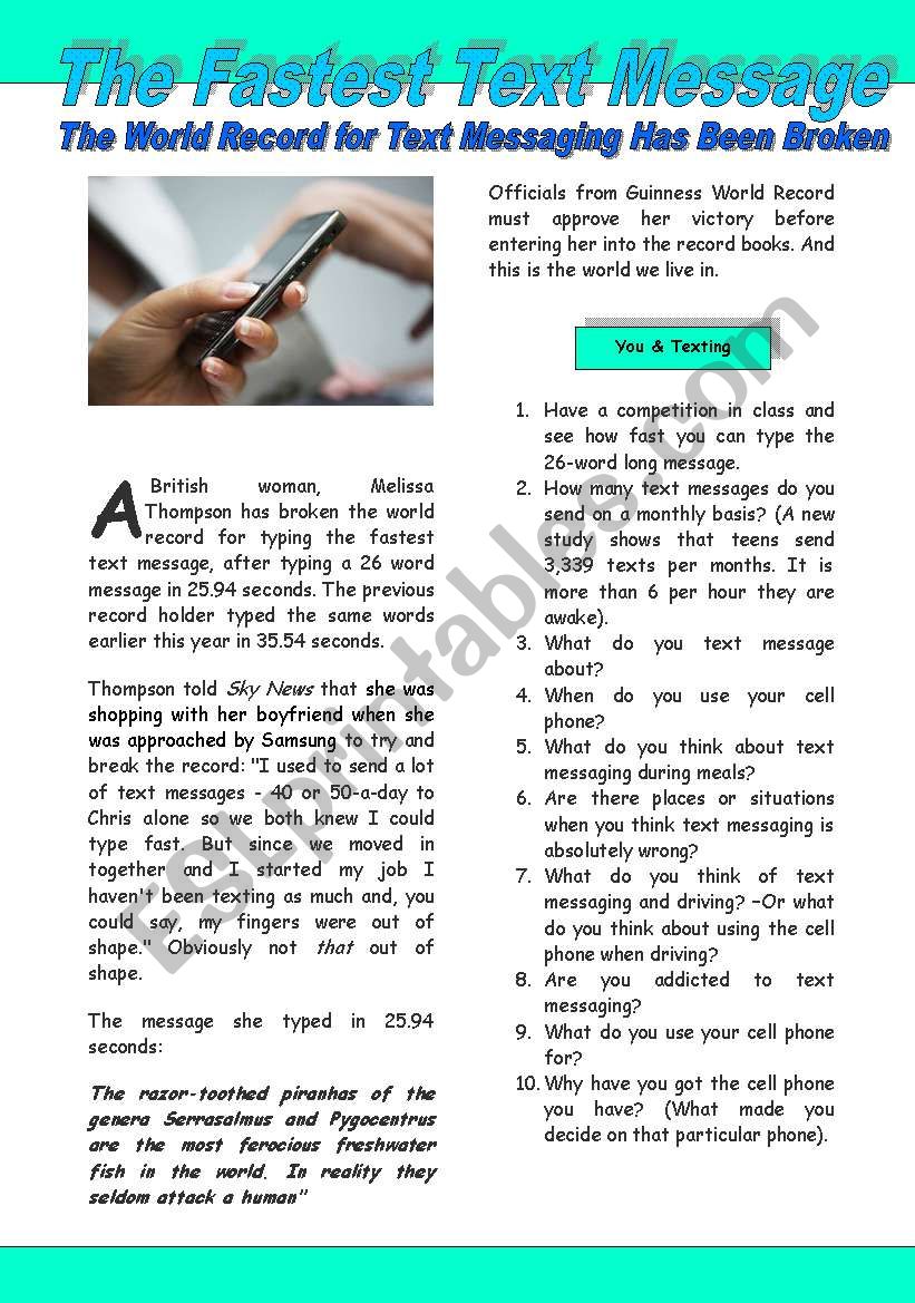 The Fastest Text Message worksheet