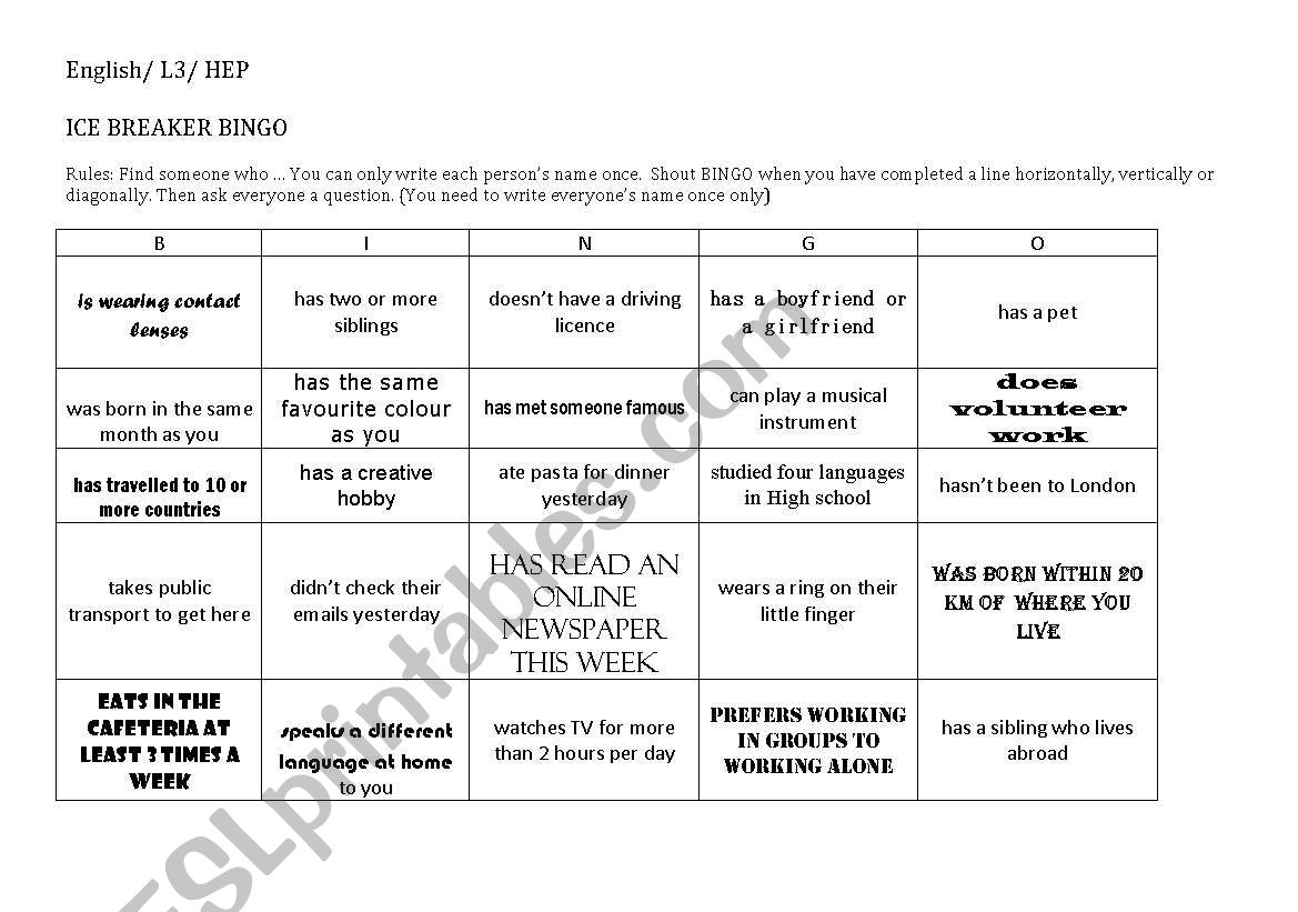 Bingo (ice breaker) worksheet