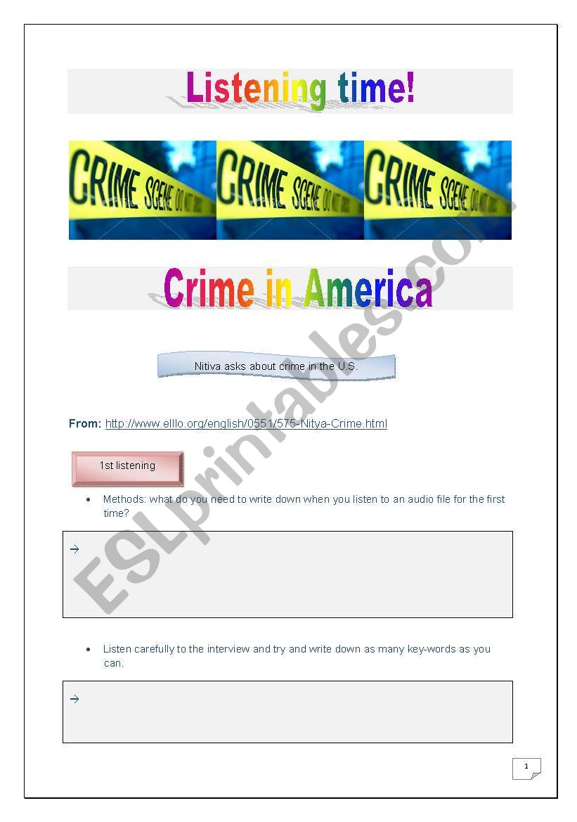 LISTENING TIME - CRIME IN THE USA - Complete listening PROJECT- 7 TASKS- 3 pages - Link to the audio file provided (ELLLO).