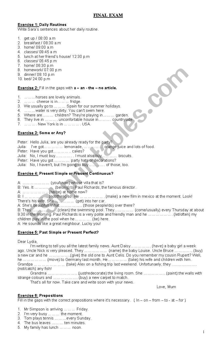 Final Exam - Elementary Level worksheet