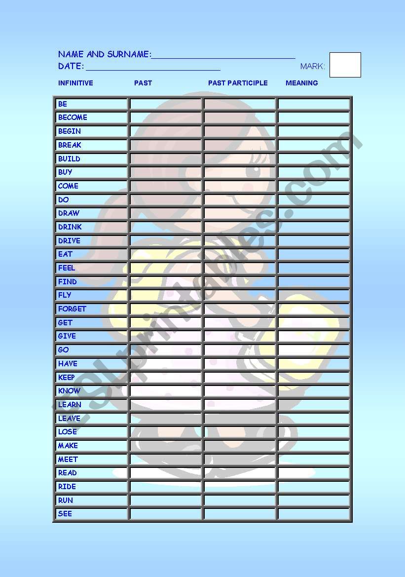 IRREGULAR VERBS LIST worksheet