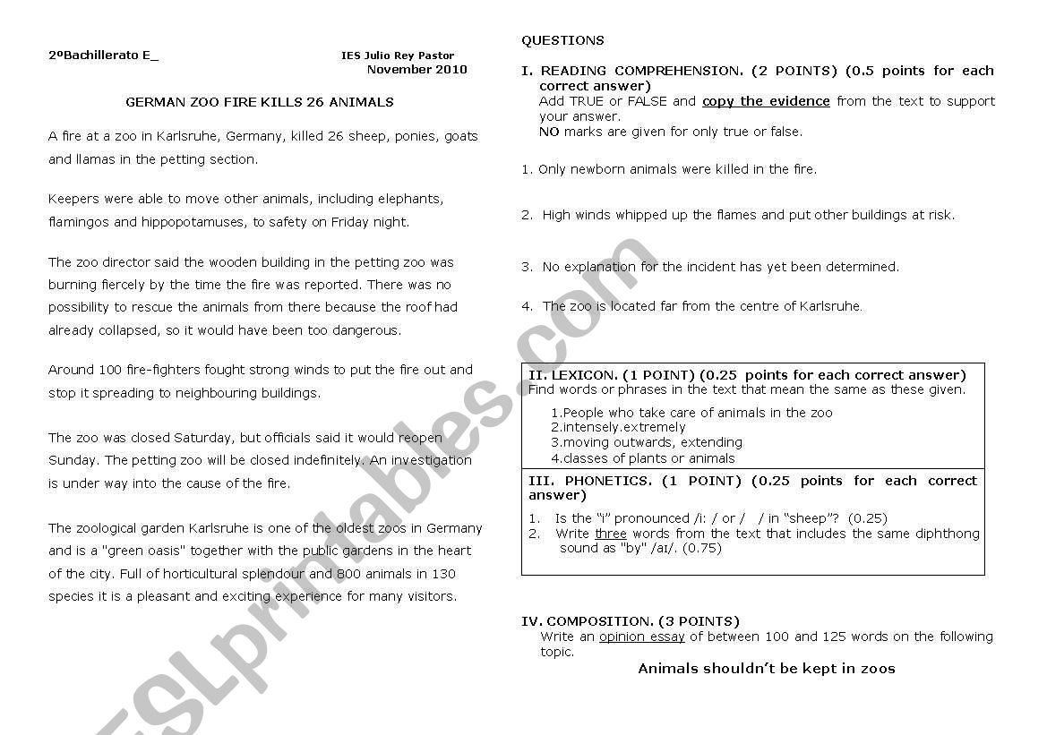 Reading Comprehension worksheet