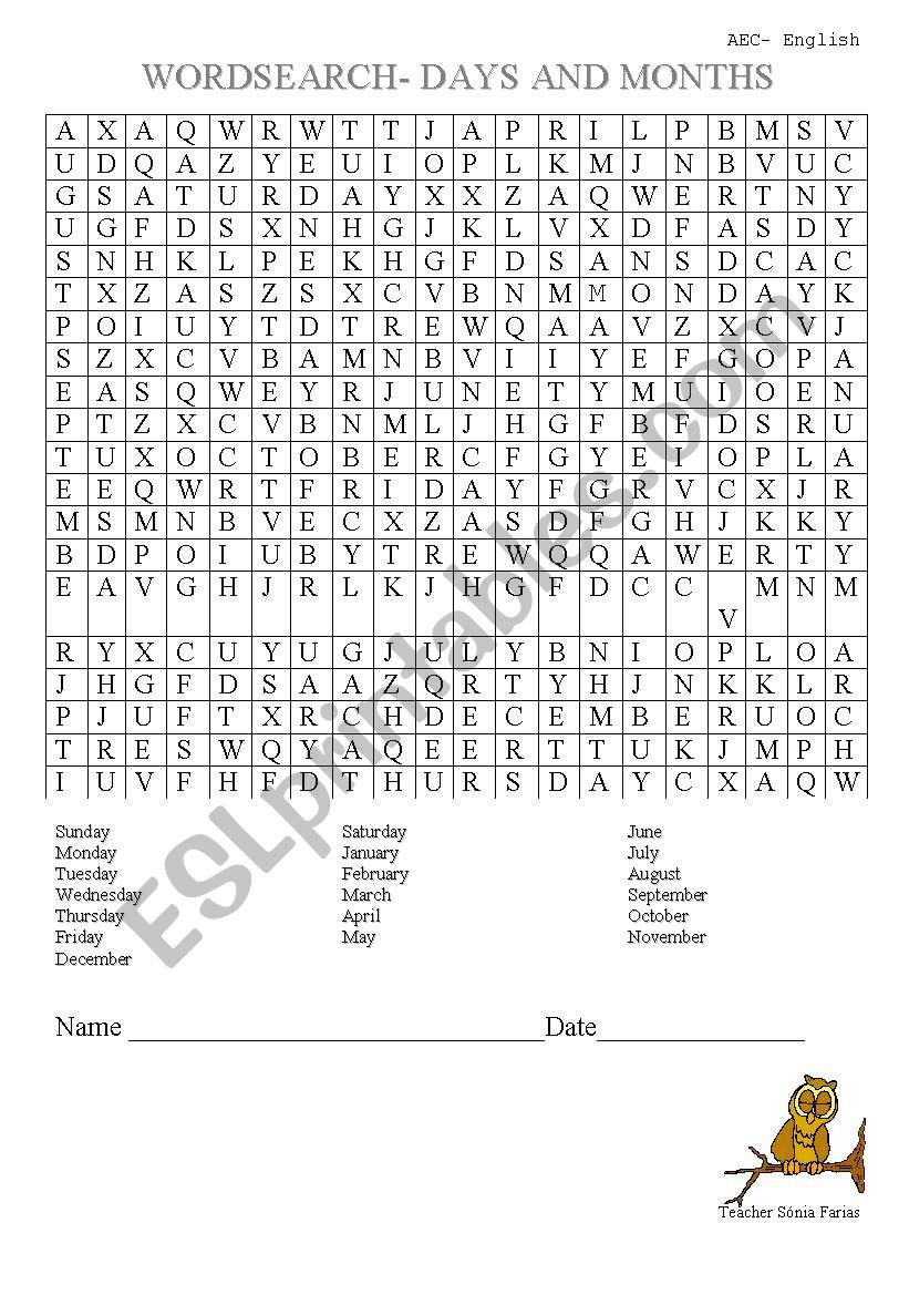 months and days wordsearch worksheet