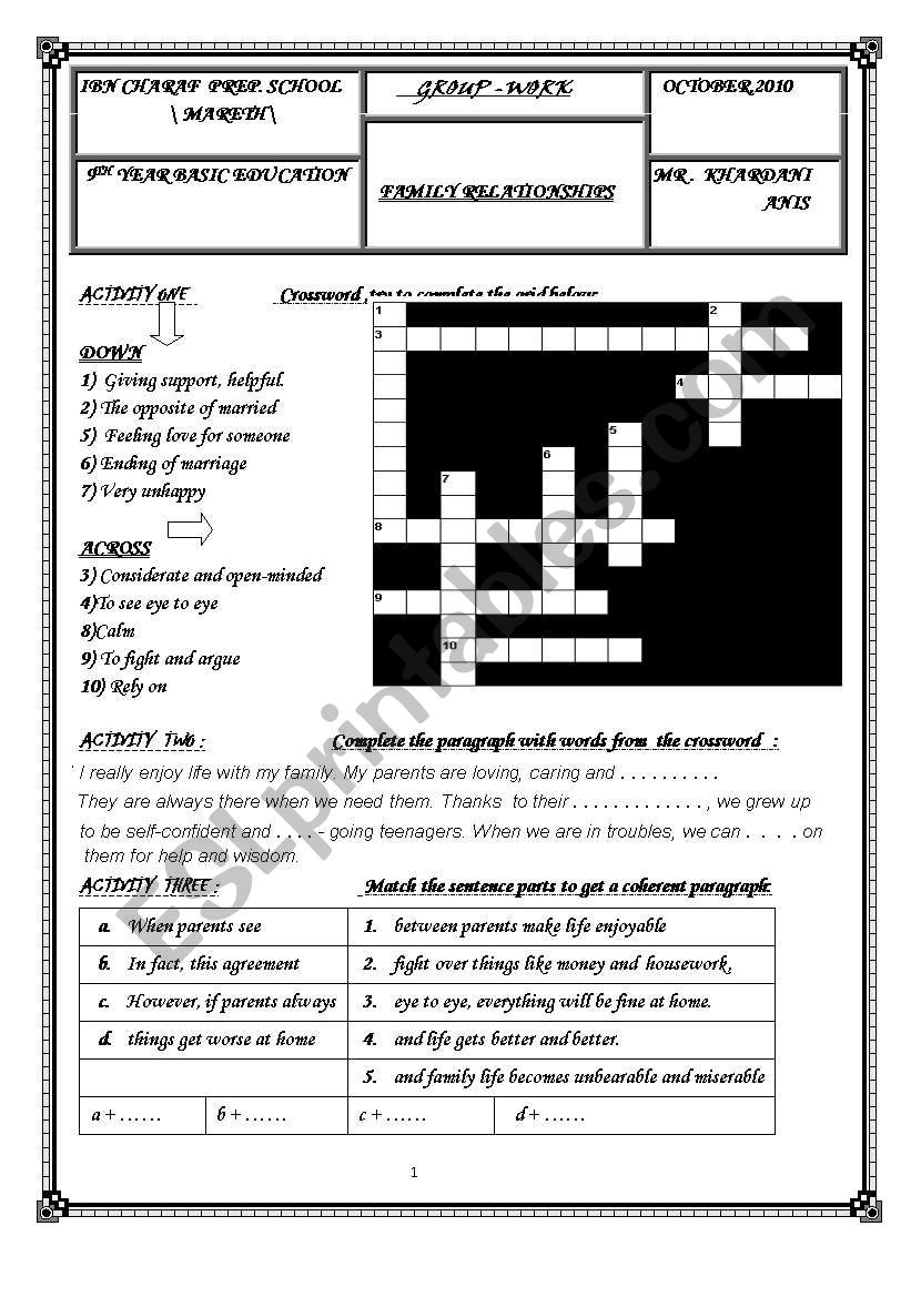 FAMILY LIFE  GROUP WORK worksheet