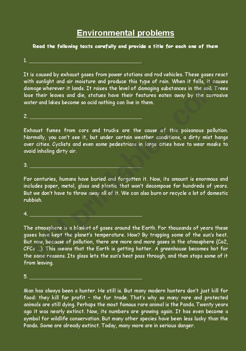 Environmental problems worksheet