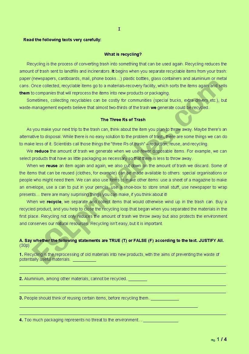 Recycling test worksheet