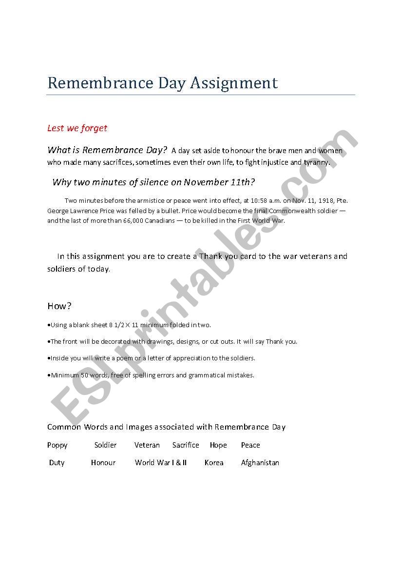 Remembrance Day Assignment worksheet