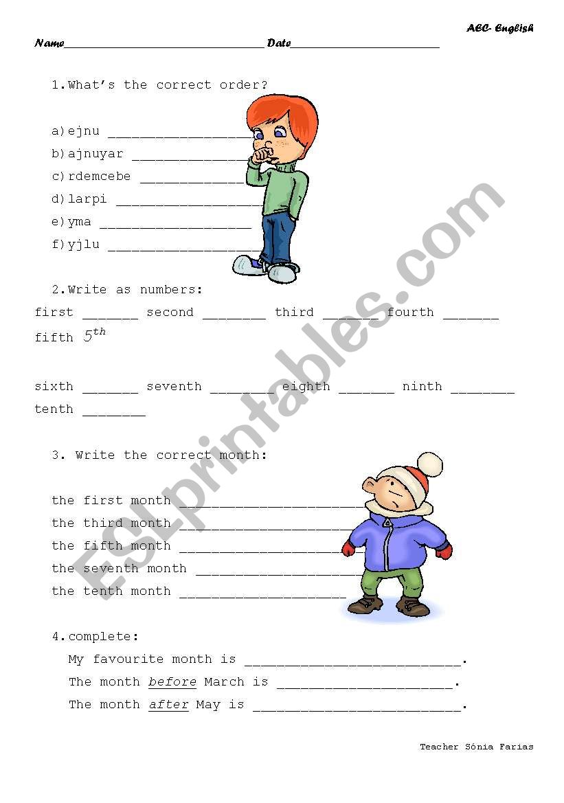 months and ordinal numbers worksheet