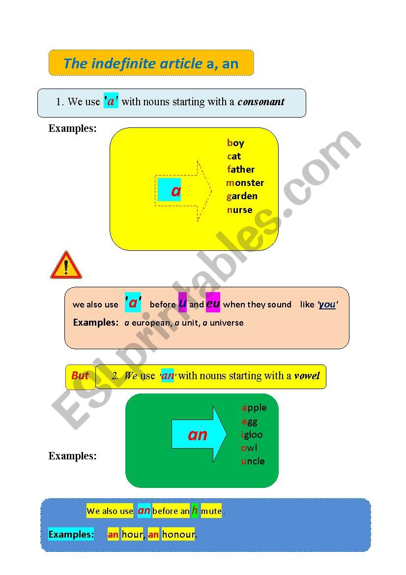 THE INDEFINITE ARTICLE A/AN worksheet