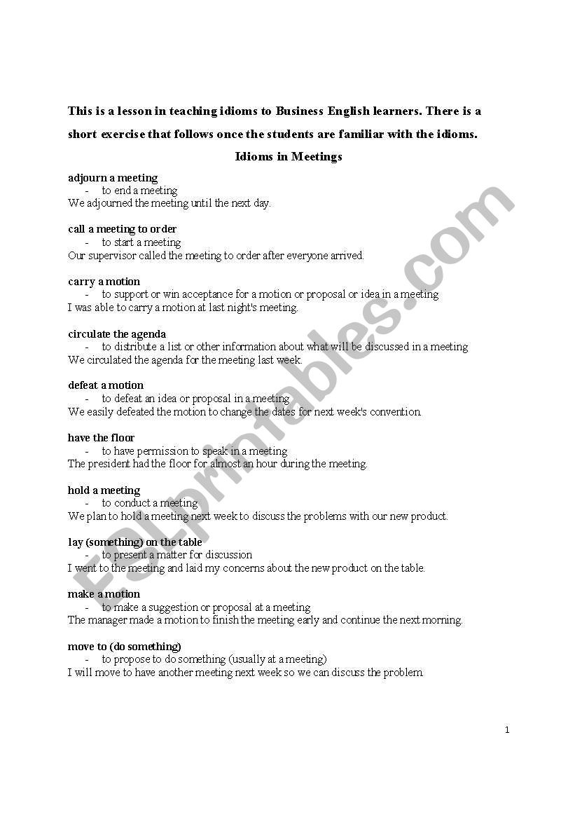 Idioms In Business worksheet