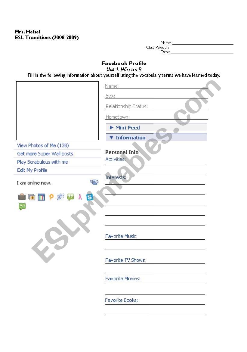 Mock Facebook Profile  worksheet