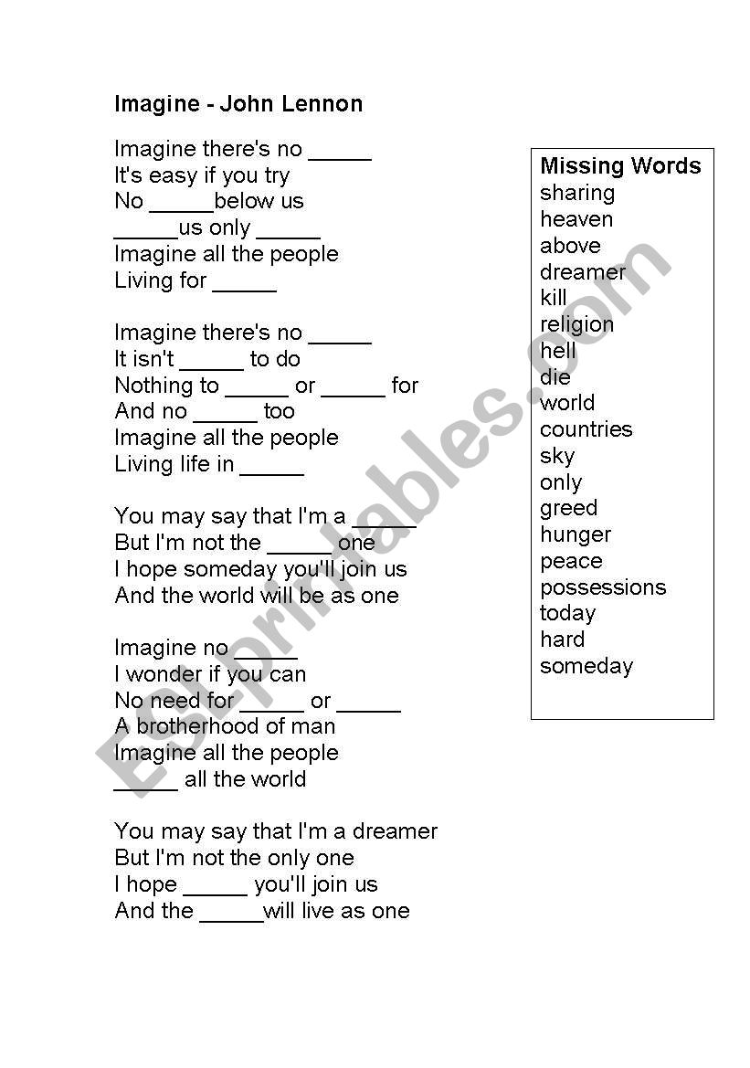 Imagine - John Lennon Fill in the blanks