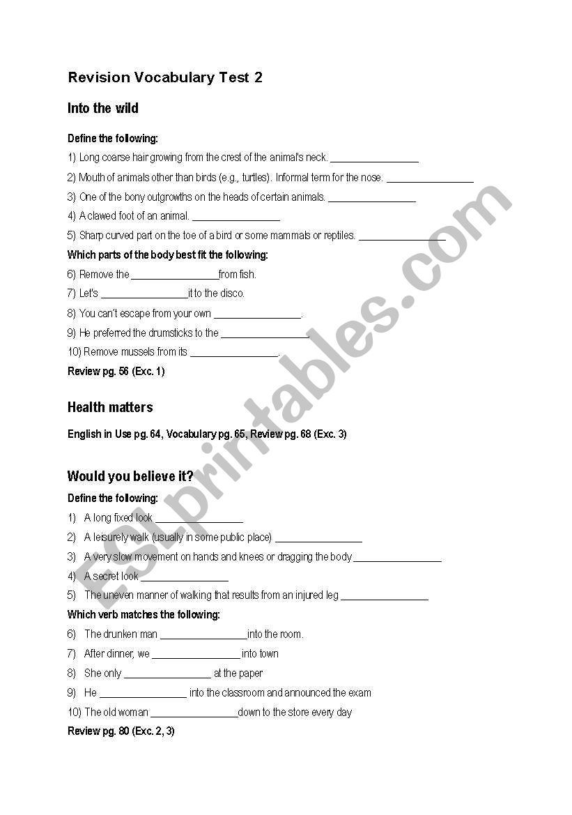 vocabulary test worksheet