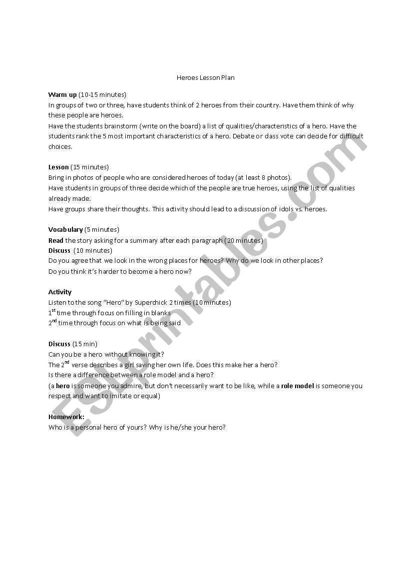 Heroes worksheet