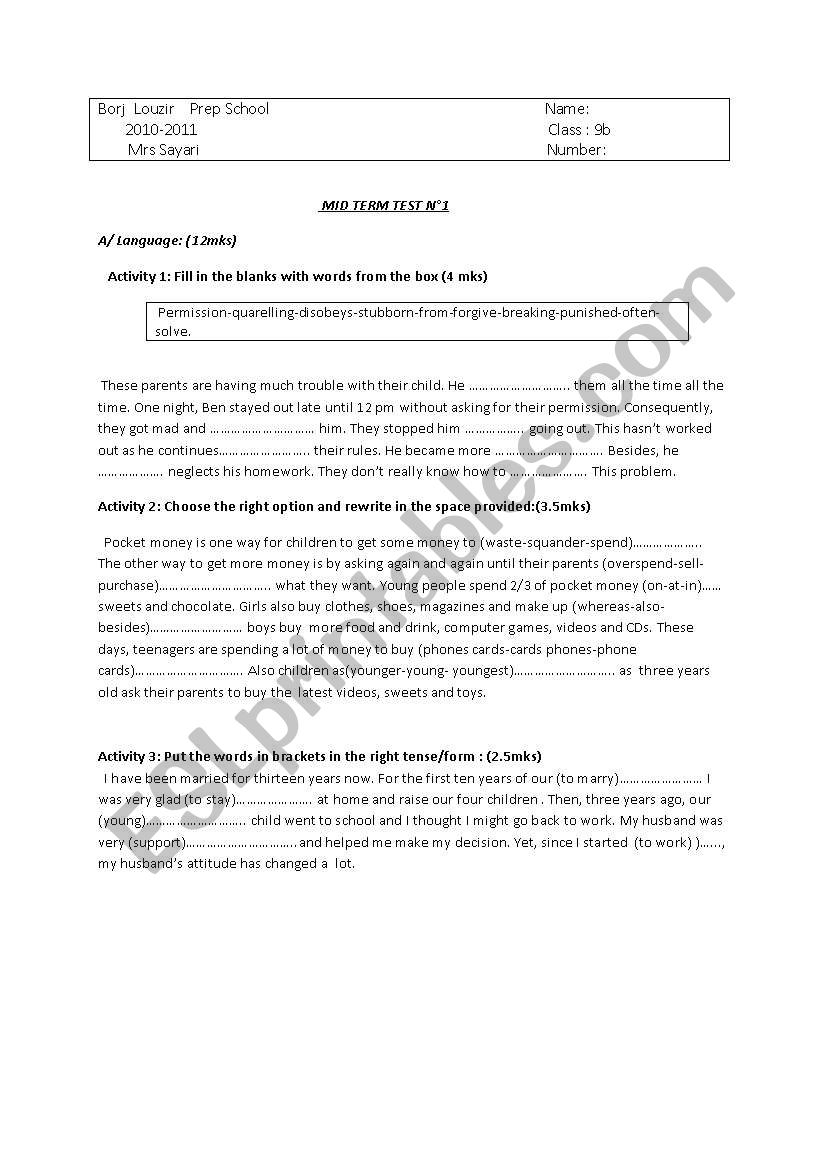 Mid Term Test n1 worksheet