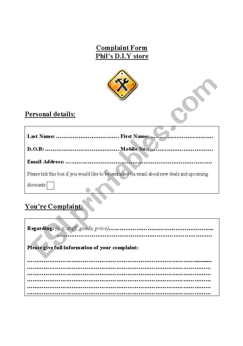 Complaint Form worksheet
