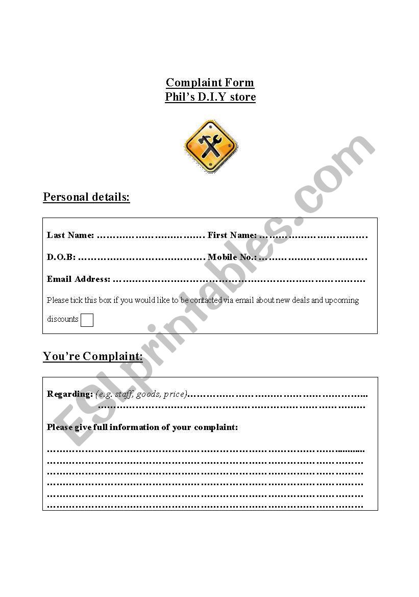 Complaint Form worksheet