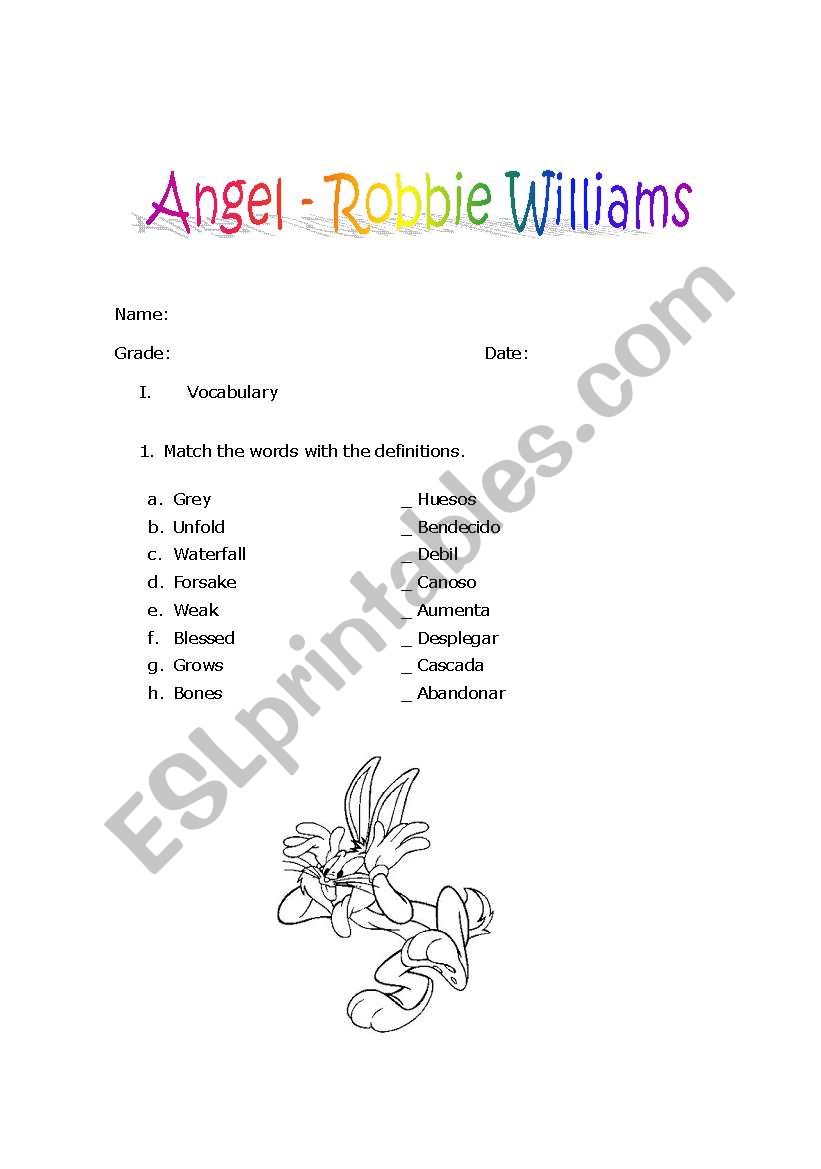 Angel Robbie Williams worksheet