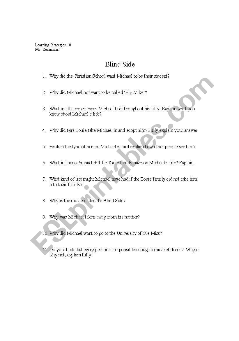 Blind Side Movie Questions worksheet