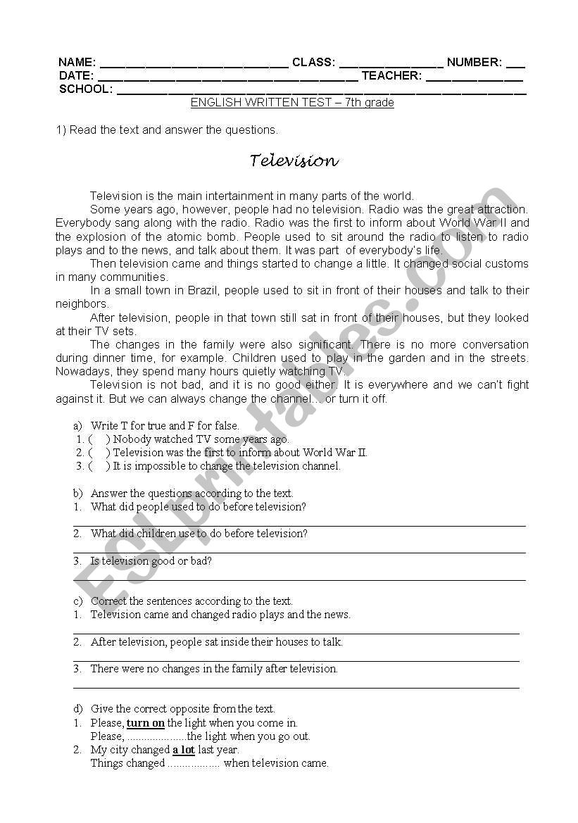 test for 7th grade students worksheet