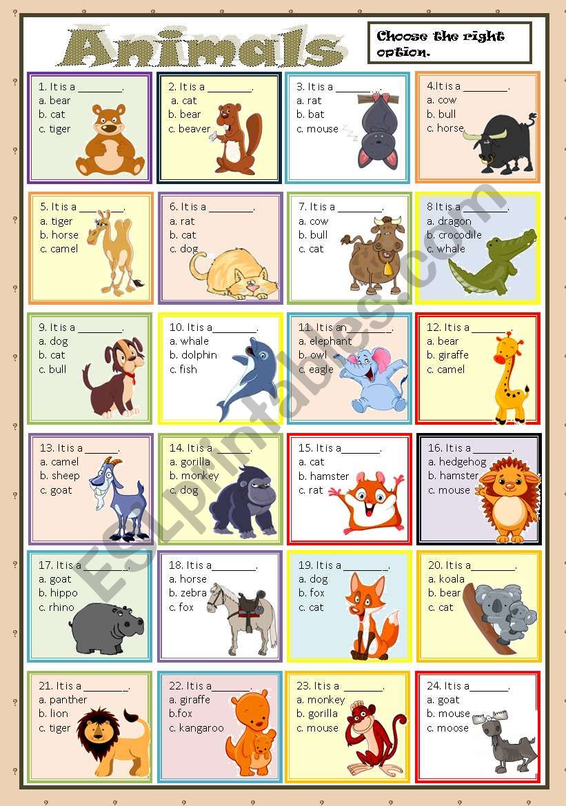 ANIMALS - MULTIPLE CHOICE worksheet