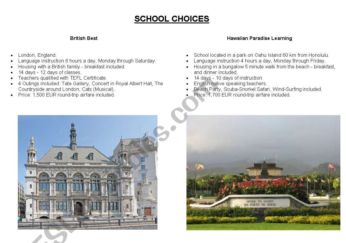 School choices worksheet