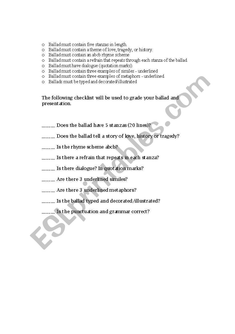 Ballad Assignment worksheet