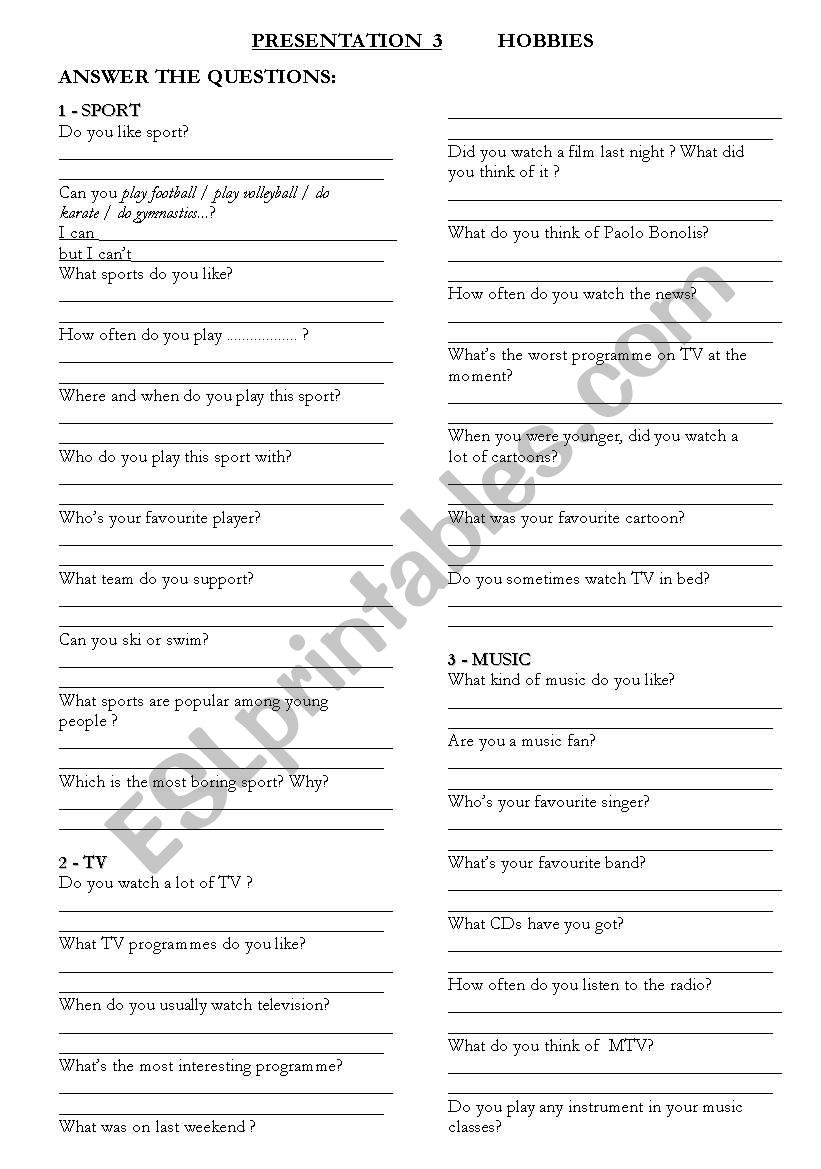 Presentation 3 - Hobbies worksheet