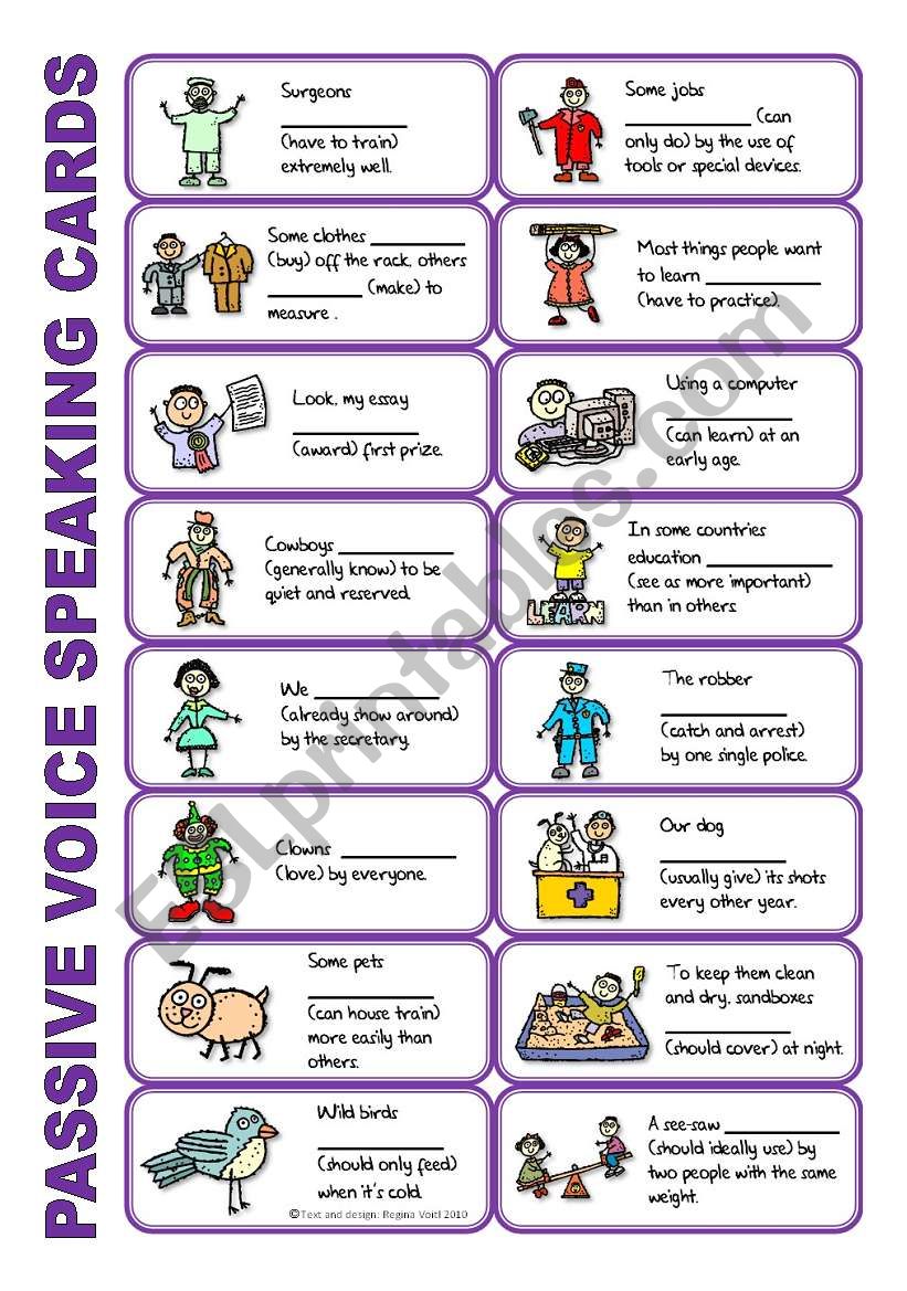 SET 4: Passive voice / tenses / adverbs of frequency / irregular verbs / modals - worksheet OR speaking activity (purple series)