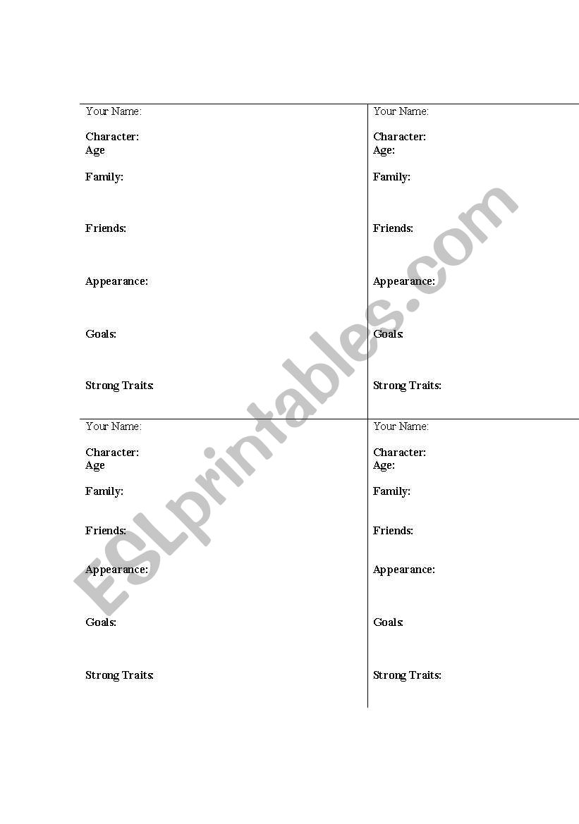 Character Trading Cards worksheet