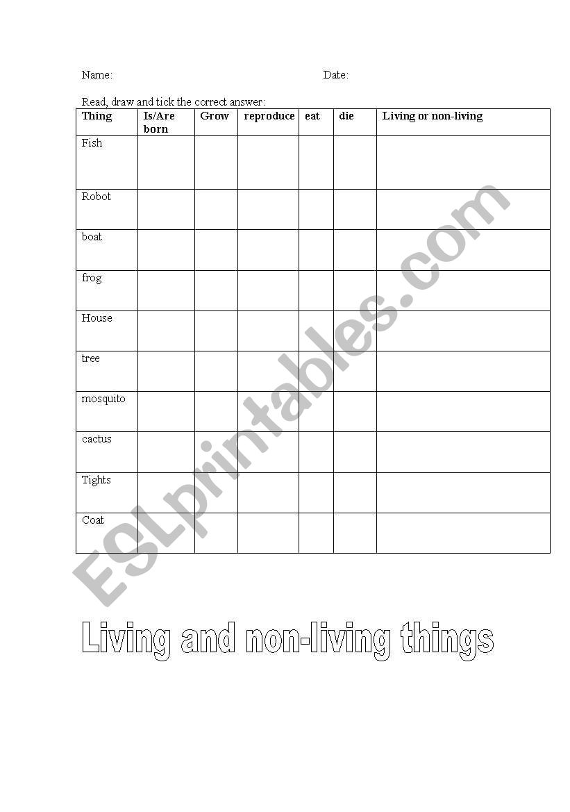 Living and non-living things worksheet