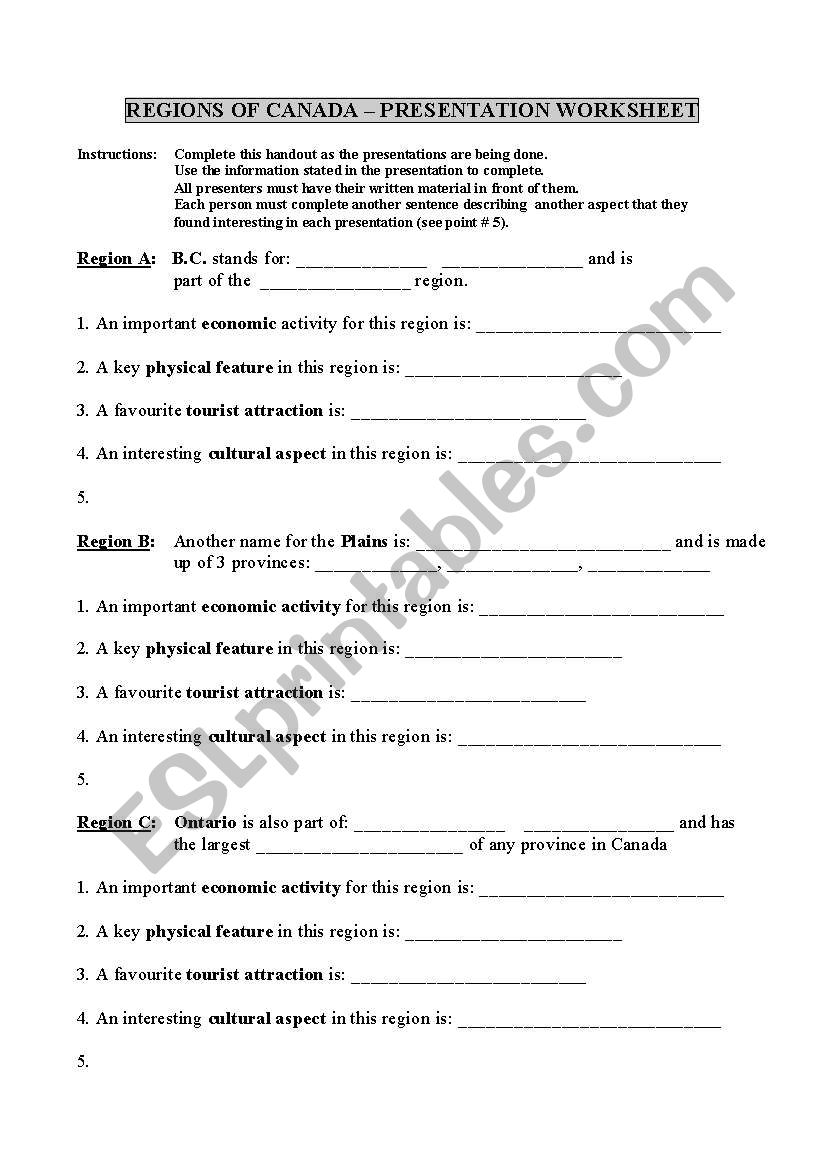 Regions of Canada - Presentation Worksheet