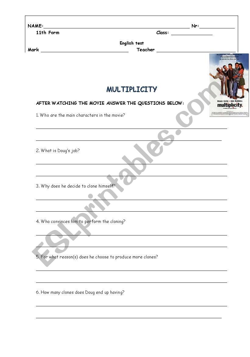 Worksheet on the movie Multiplicity