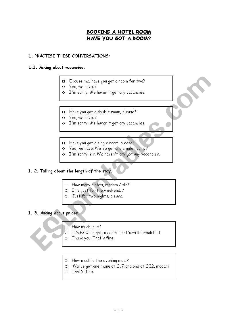 Booking a hotel room worksheet