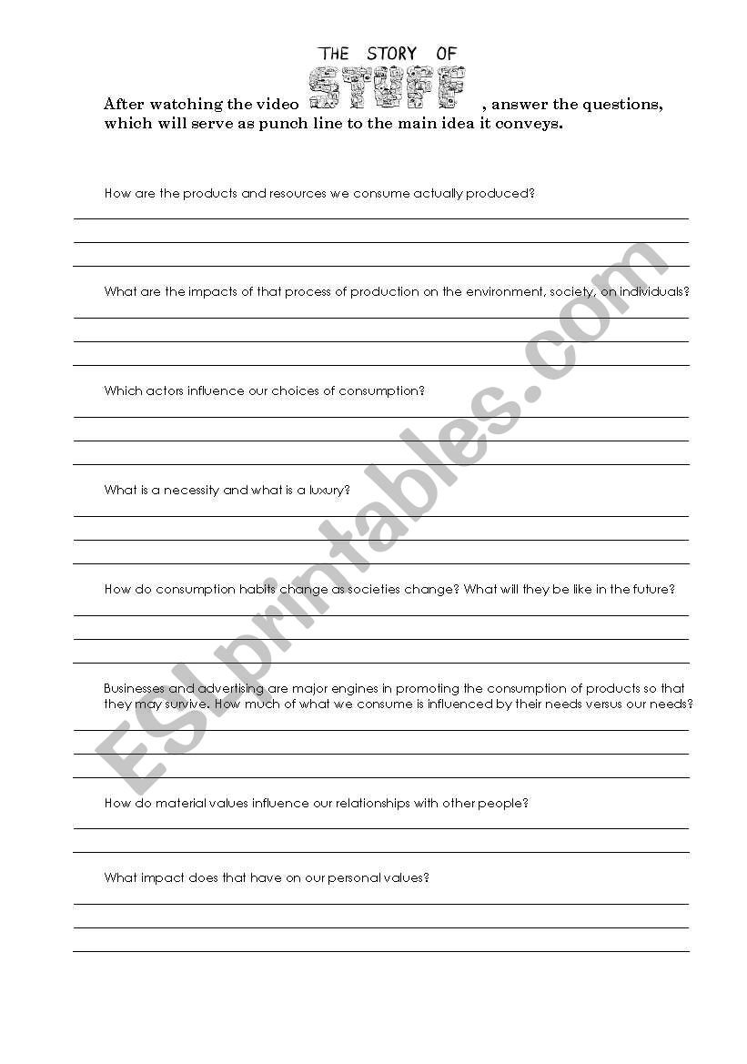 The story of stuff - Drawing conclusions - ESL worksheet by lndxa Intended For The Story Of Stuff Worksheet