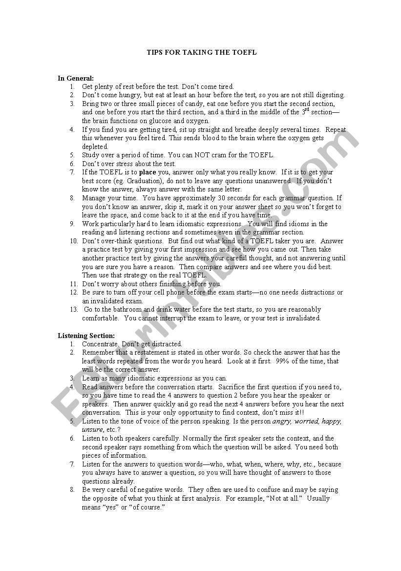 TIPS FOR TAKING THE TOEFL worksheet