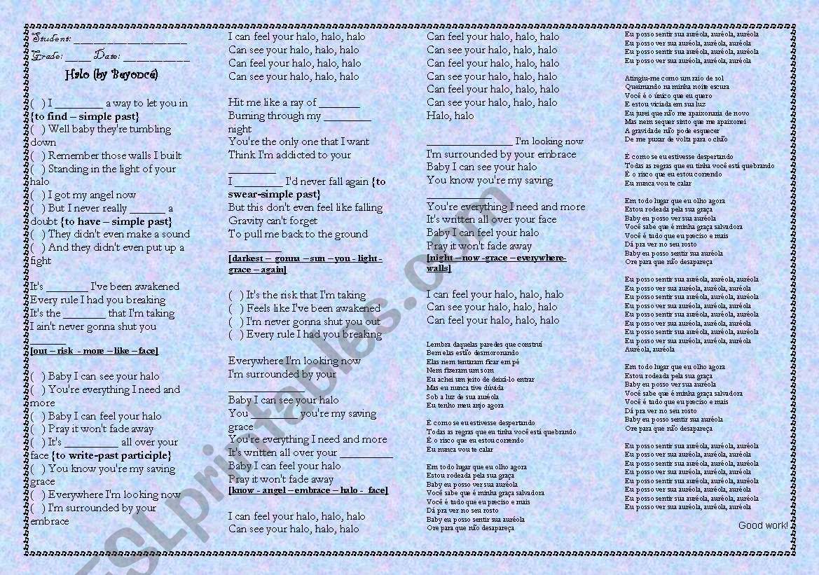 Song Worksheet - Halo (by Beyonc)