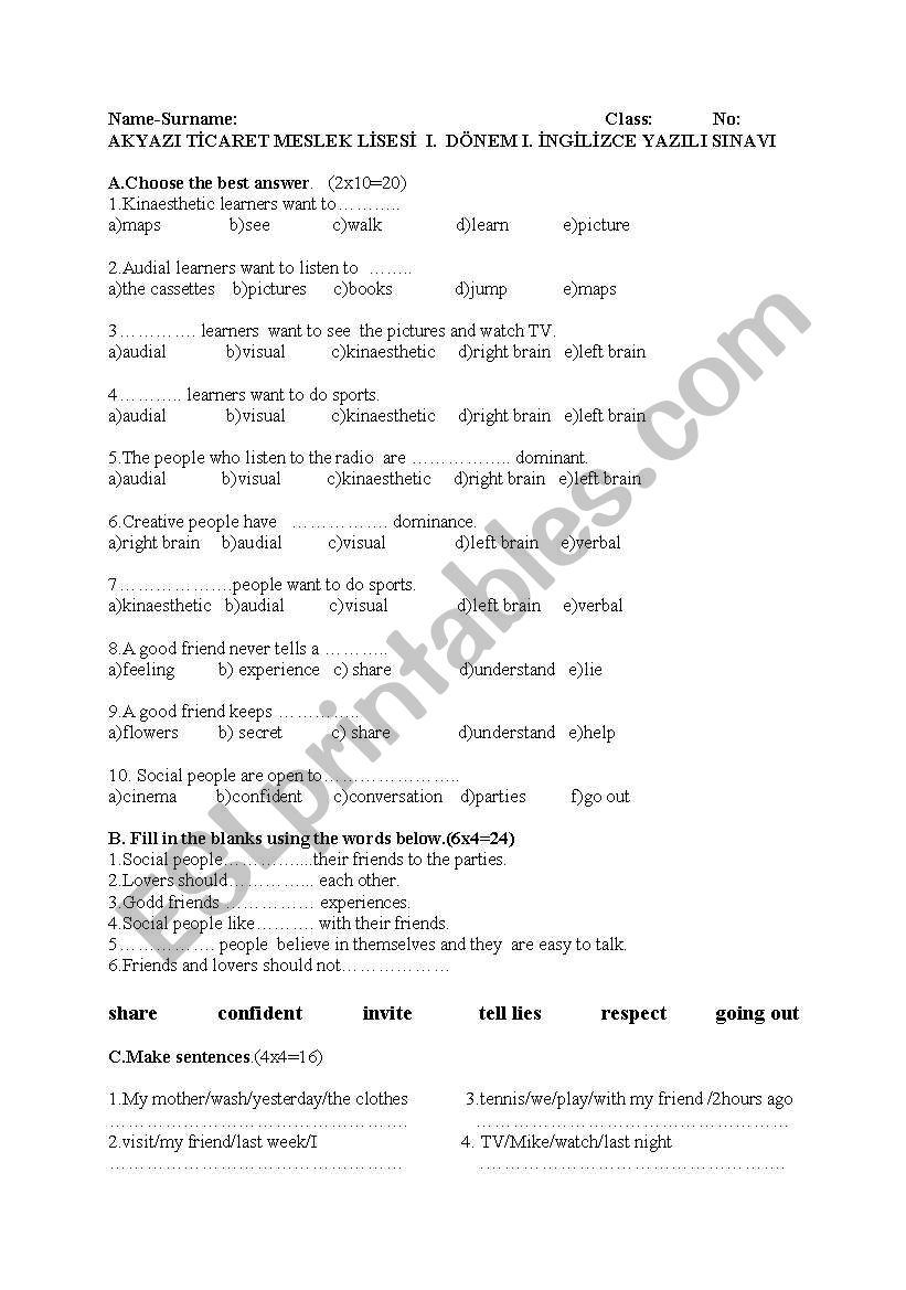 Exam for high school sts worksheet